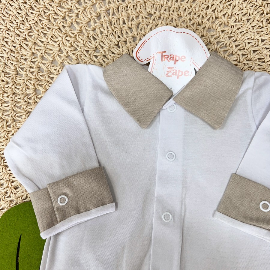 body gola bordada- branco com tecido bege linho